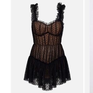 DressMezee Black Sheer Lace Dot Pattern Ruffle Sweetheart Neck Lingerie Playsuit